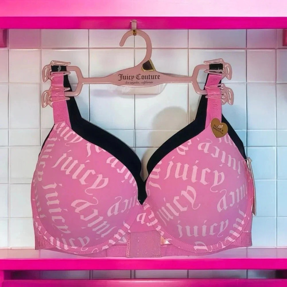 Juicy Couture  Sexy Pink Logo & Solid Black Push-up Bra 2 Piece set Size 42D - Picture 2 of 8